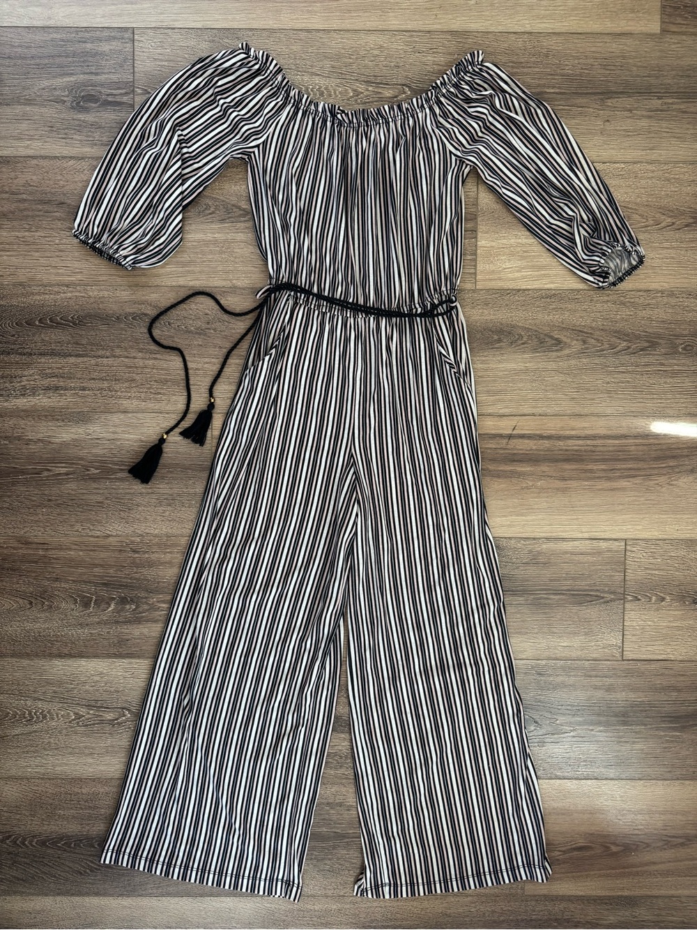 Derek Heart Striped Off-Shoulder Wide-Leg Jumpsuit Pantsuit